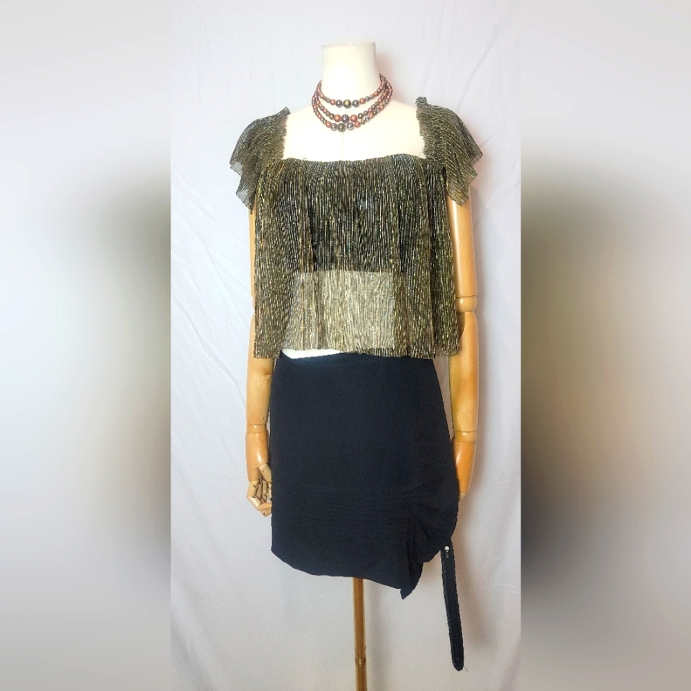 Urban Outfitters Gold Black Sheer Crop Top On/Off Shoulder, Size Small
